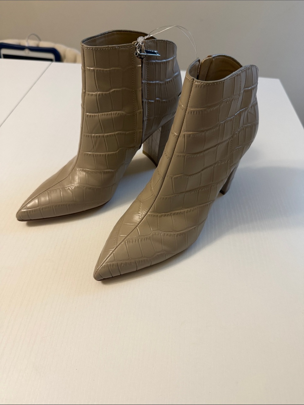 Marc Fisher Taupe Croc-Embossed Pointed Ankle Boots used